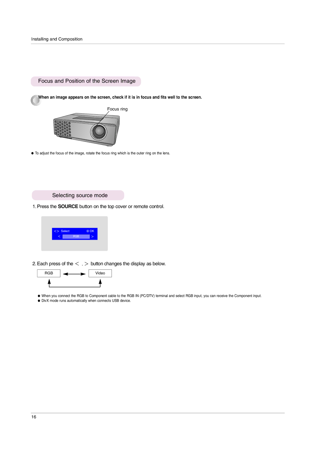 LG Electronics HS102 owner manual Focus and Position of the Screen Image, Selecting source mode, Focus ring 