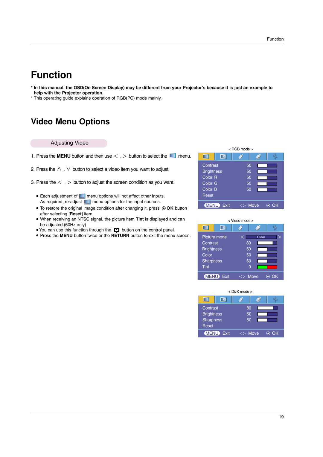 LG Electronics HS102 owner manual Function, Video Menu Options, Adjusting Video 