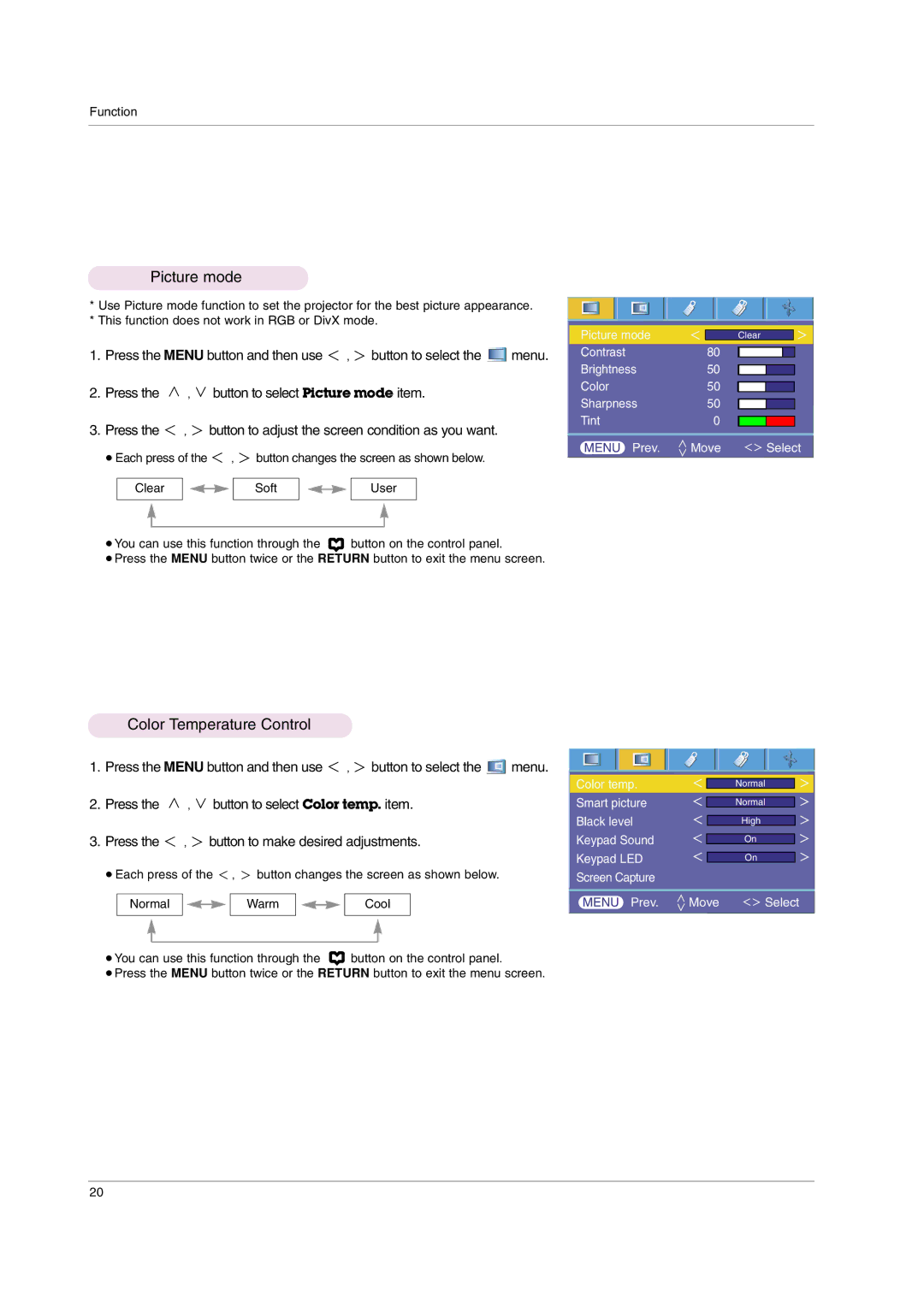 LG Electronics HS102 owner manual Picture mode, Color Temperature Control 