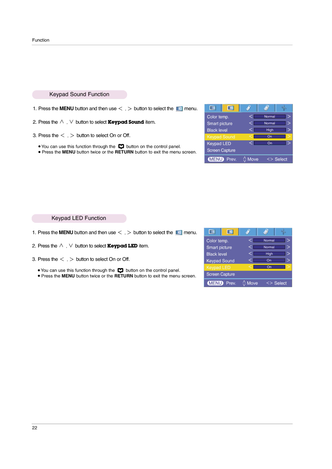 LG Electronics HS102 owner manual Keypad Sound Function, Keypad LED Function 