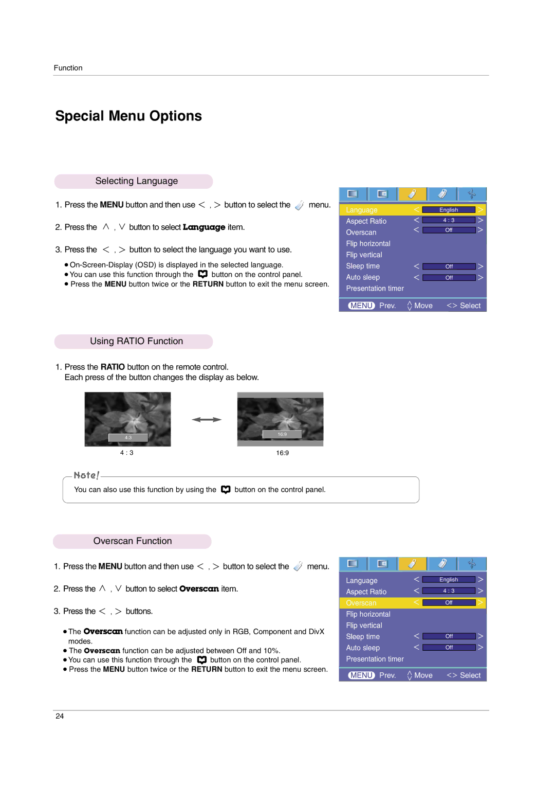 LG Electronics HS102 owner manual Special Menu Options, Selecting Language, Using Ratio Function, Overscan Function 