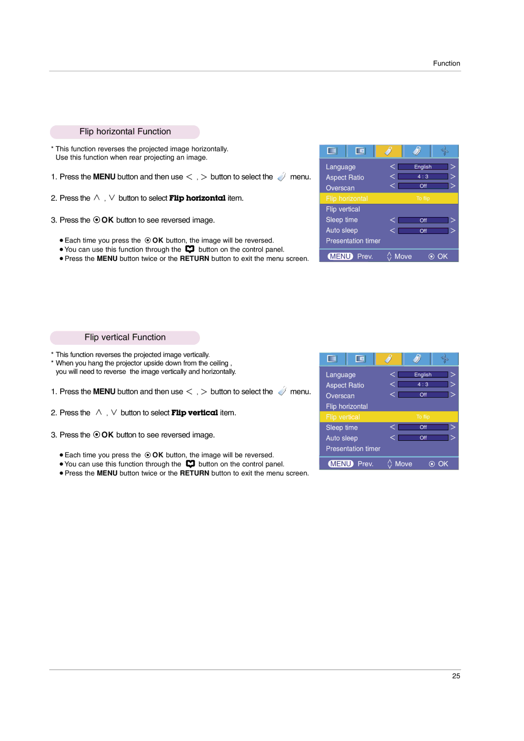 LG Electronics HS102 owner manual Flip horizontal Function, Flip vertical Function 