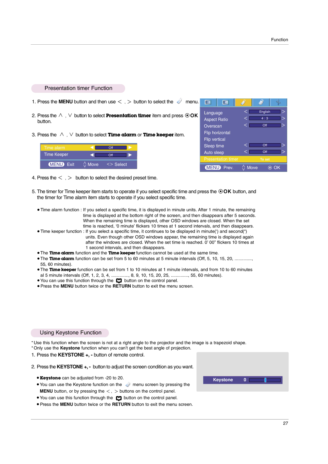 LG Electronics HS102 Presentation timer Function, Using Keystone Function, Keystone can be adjusted from -20 to 