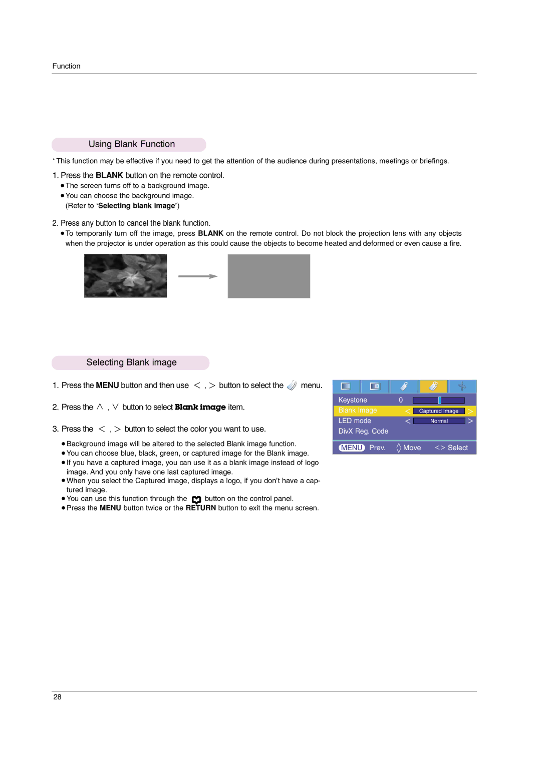 LG Electronics HS102 owner manual Using Blank Function, Selecting Blank image, Press the Blank button on the remote control 