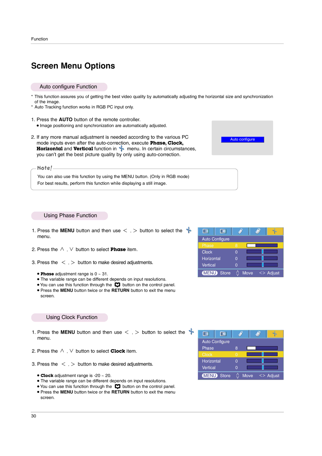 LG Electronics HS102 owner manual Screen Menu Options, Auto configure Function, Using Phase Function, Using Clock Function 