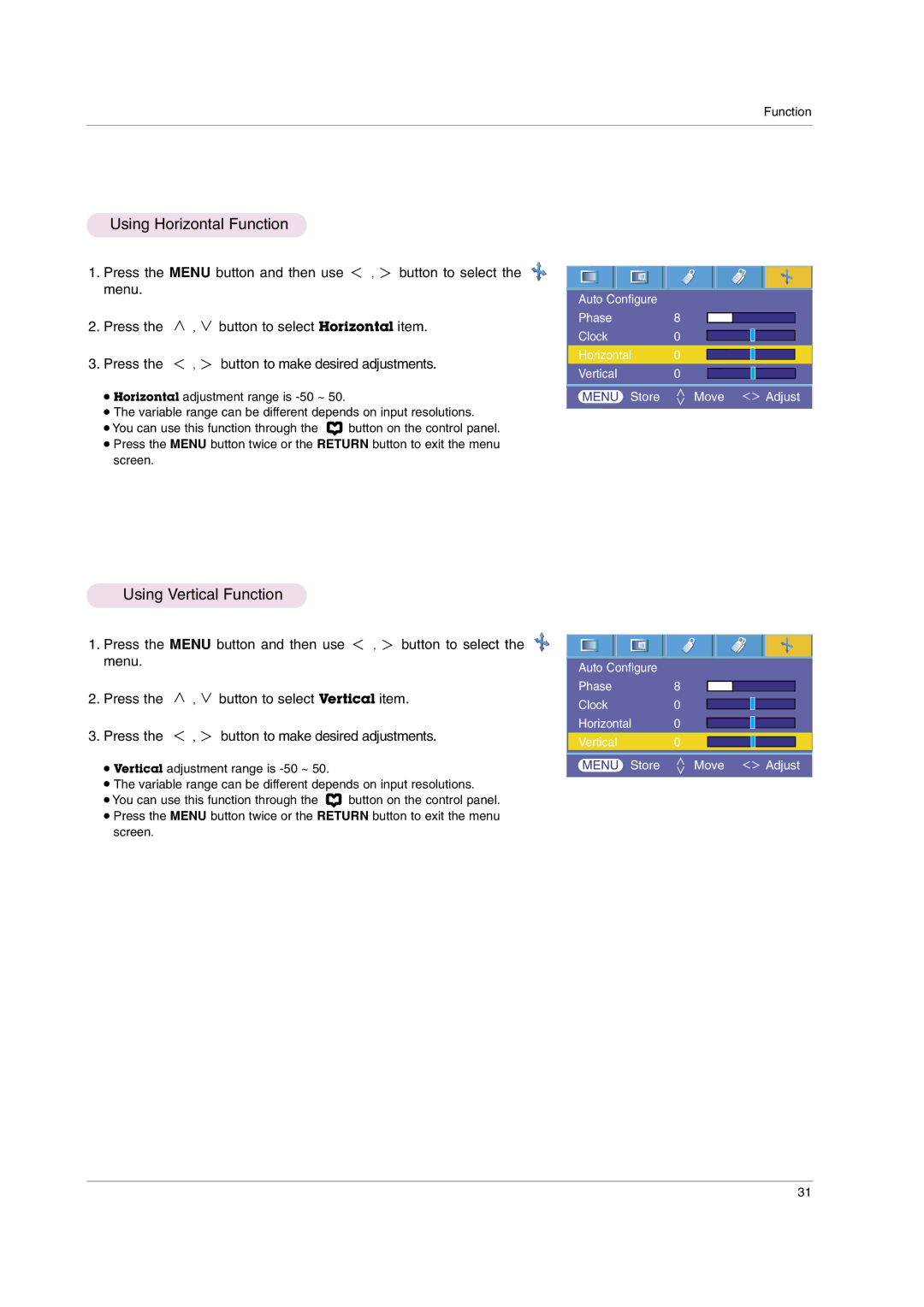 LG Electronics HS102 owner manual Using Horizontal Function, Using Vertical Function 