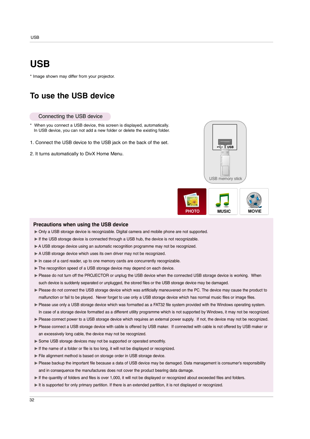 LG Electronics HS102 To use the USB device, Connecting the USB device, Image shown may differ from your projector 