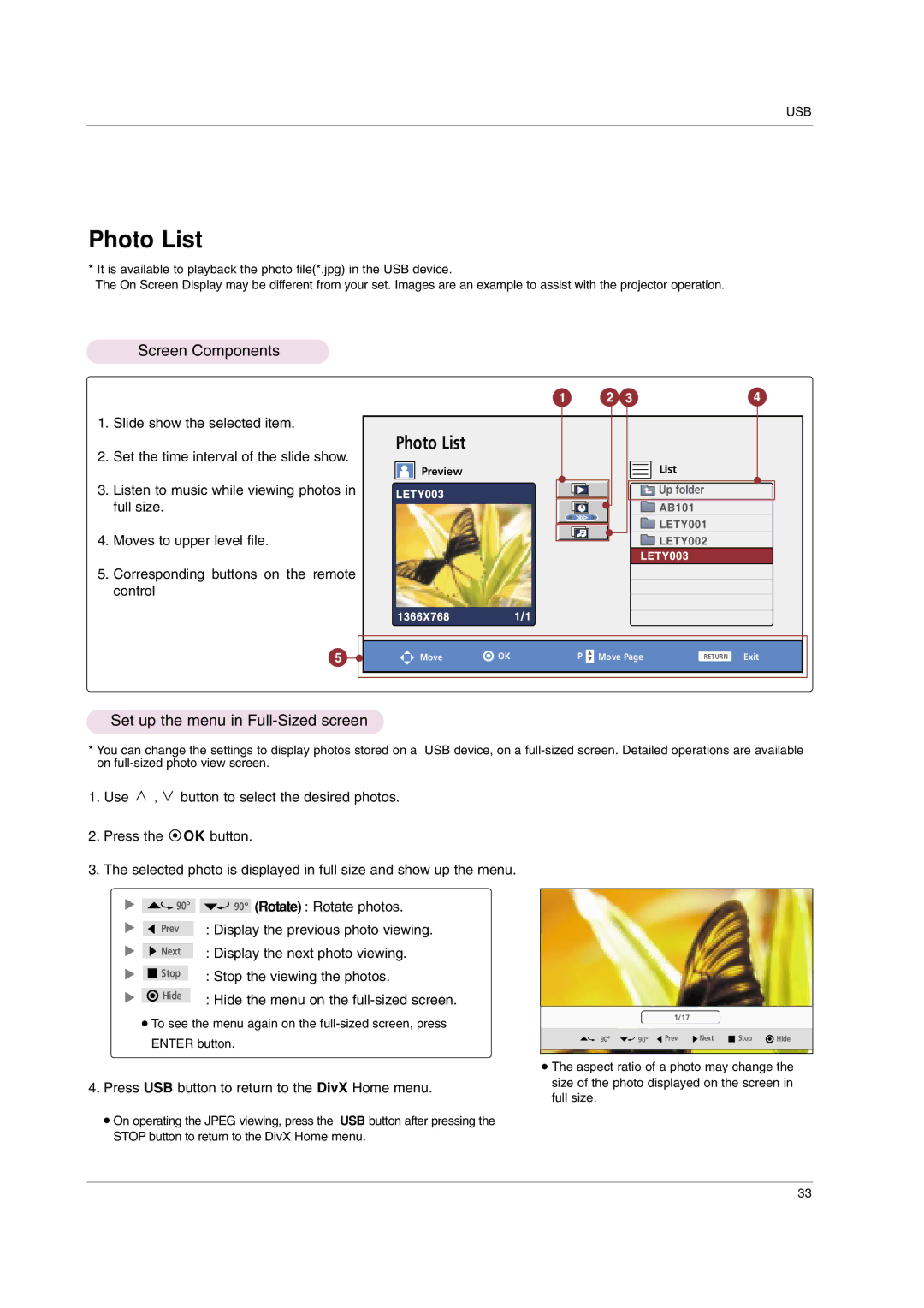 LG Electronics HS102 owner manual Photo List, Screen Components, Set up the menu in Full-Sized screen 