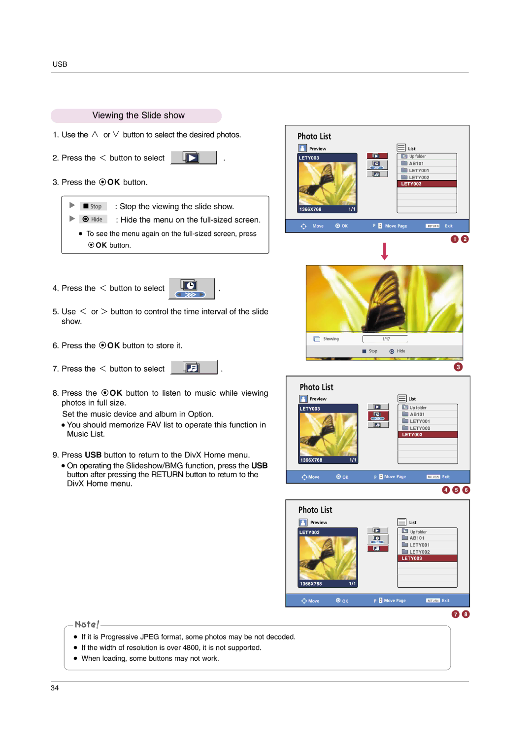 LG Electronics HS102 owner manual Viewing the Slide show, Use, Press Button to select, Button to select the desired photos 