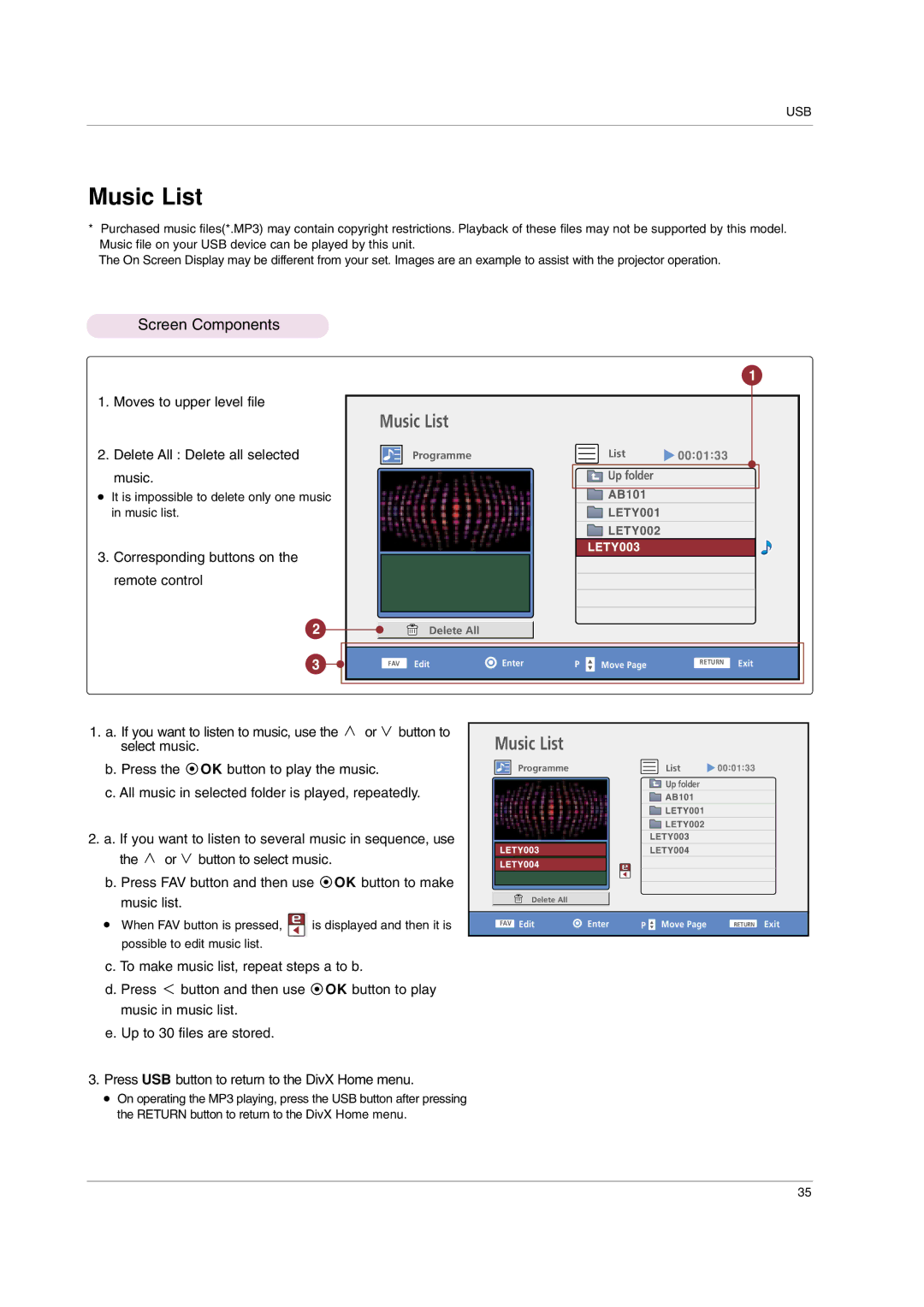 LG Electronics HS102 owner manual Music List, It is impossible to delete only one music in music list 