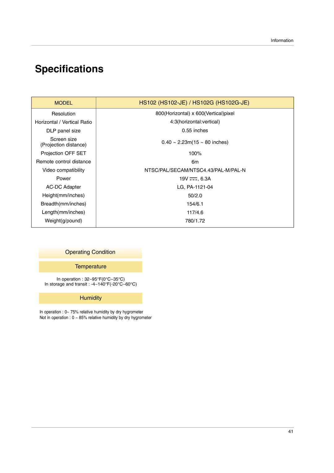 LG Electronics owner manual Specifications, HS102 HS102-JE / HS102G HS102G-JE, Operating Condition Temperature, Humidity 