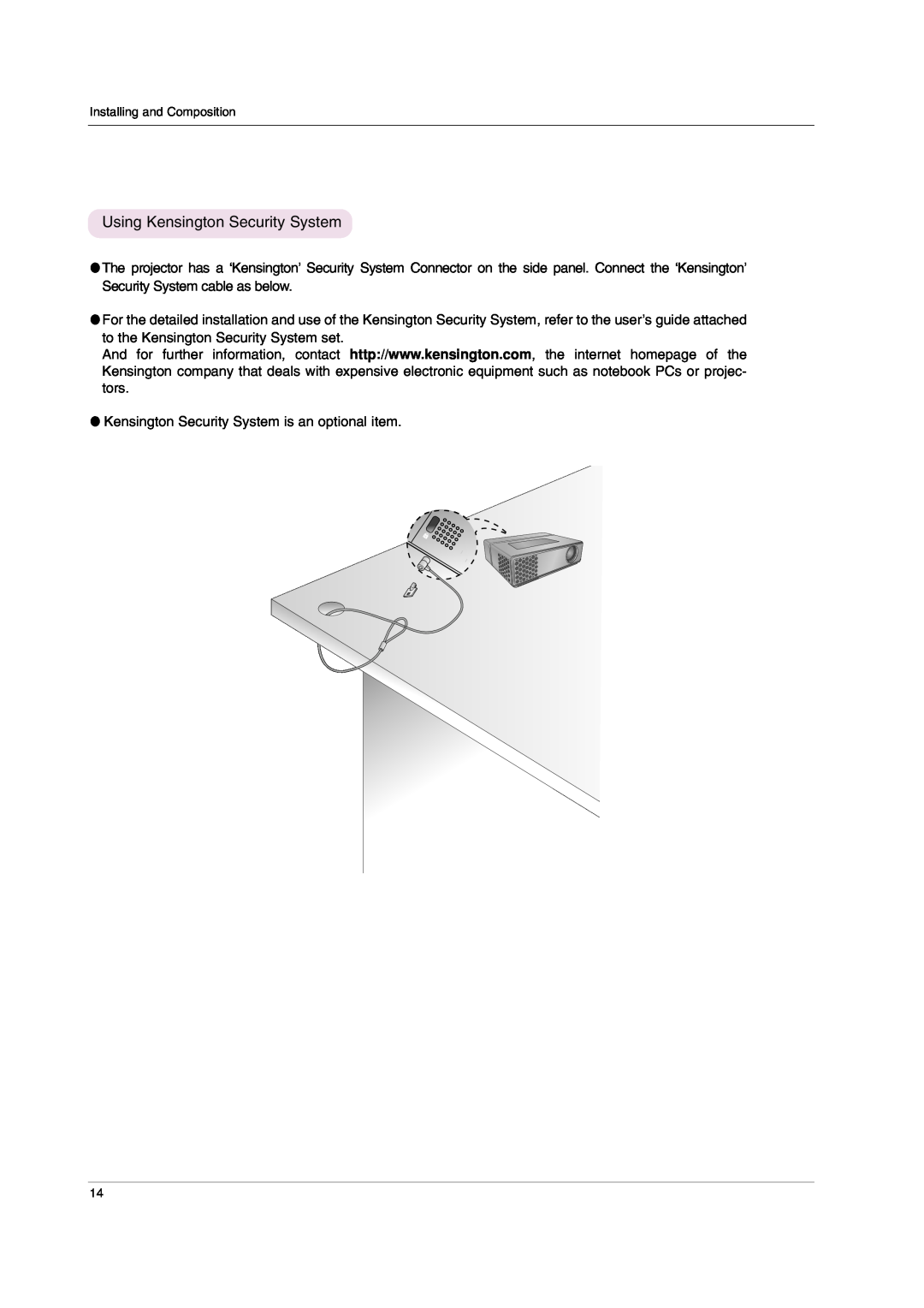 LG Electronics HS102 owner manual Using Kensington Security System 