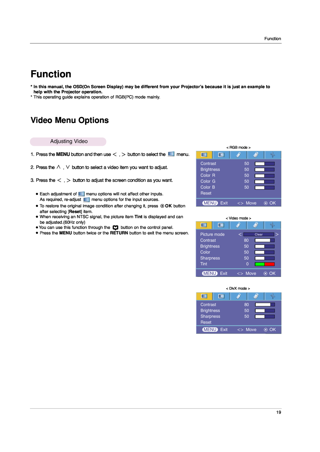 LG Electronics HS102 Function, Video Menu Options, Adjusting Video, Press the MENU button and then use, menu, MENU Exit 