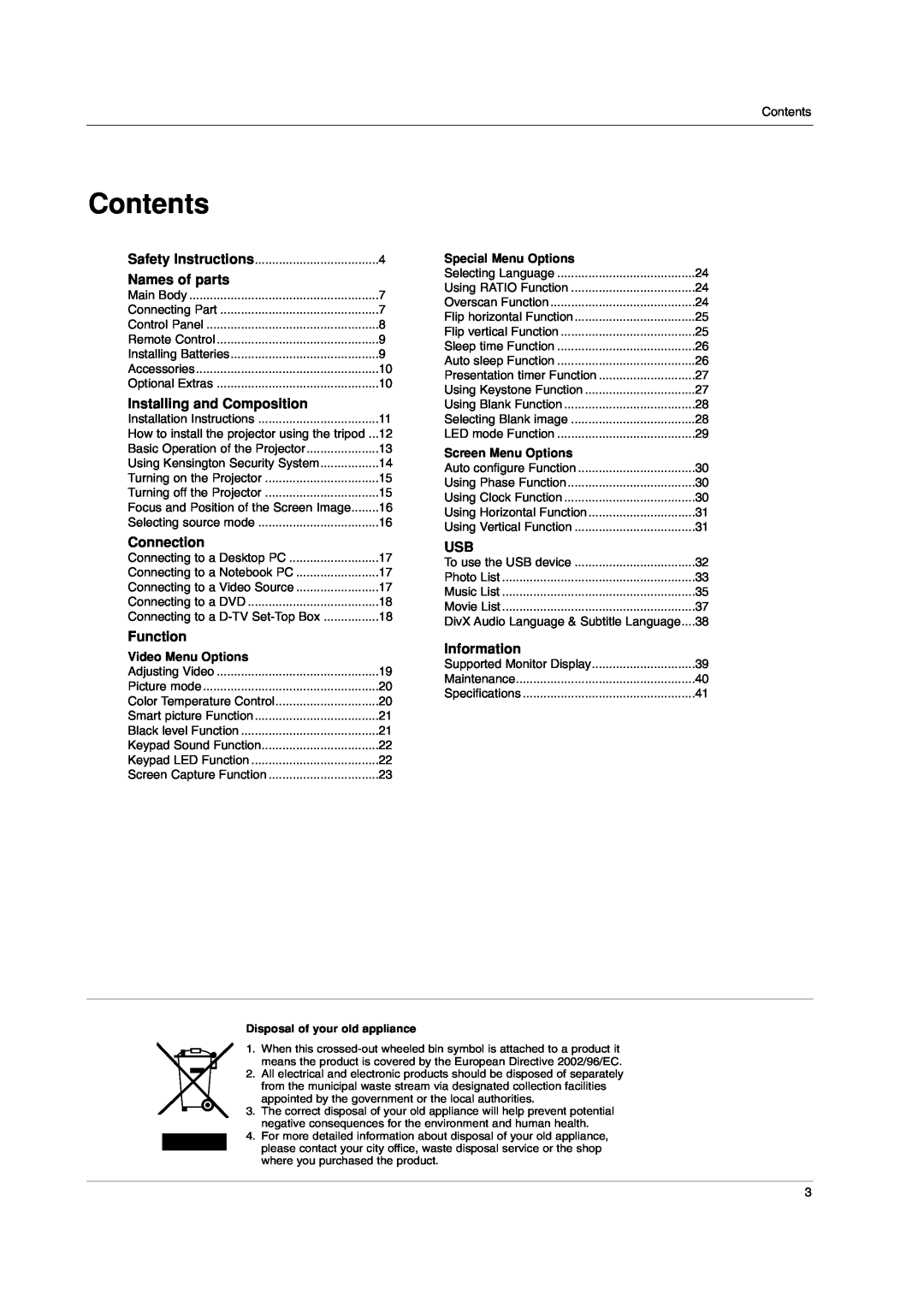 LG Electronics HS102 owner manual Contents, Names of parts, Installing and Composition, Connection, Function, Information 