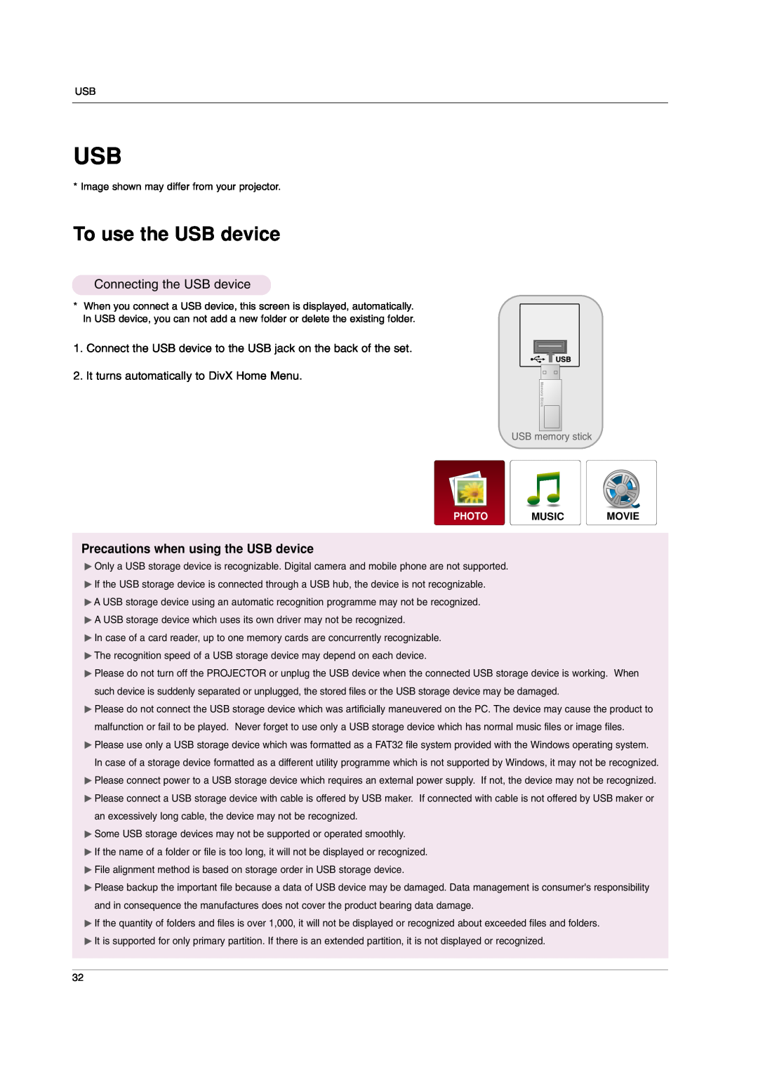 LG Electronics HS102 To use the USB device, Connecting the USB device, It turns automatically to DivX Home Menu 