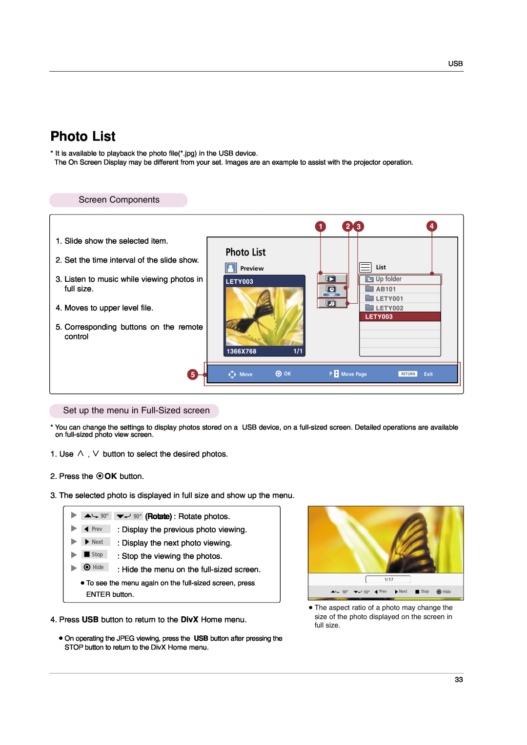 LG Electronics HS102 Photo List, Screen Components, Set up the menu in Full-Sized screen, Slide show the selected item 
