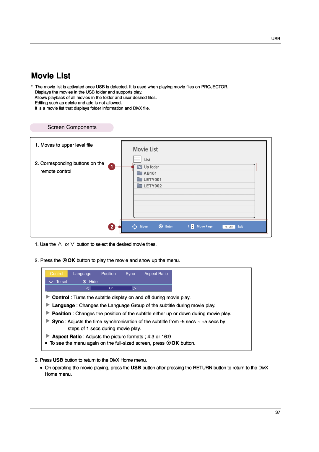 LG Electronics HS102 owner manual Movie List, Screen Components 