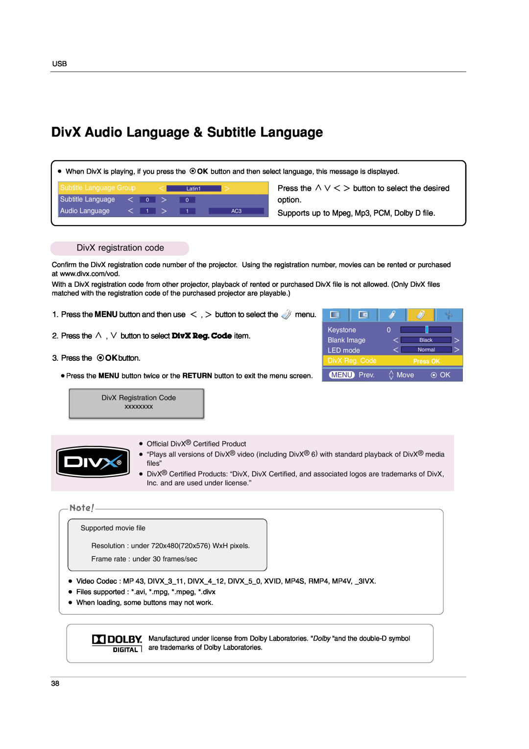 LG Electronics HS102 DivX Audio Language & Subtitle Language, DivX registration code, Press the MENU button and then use 