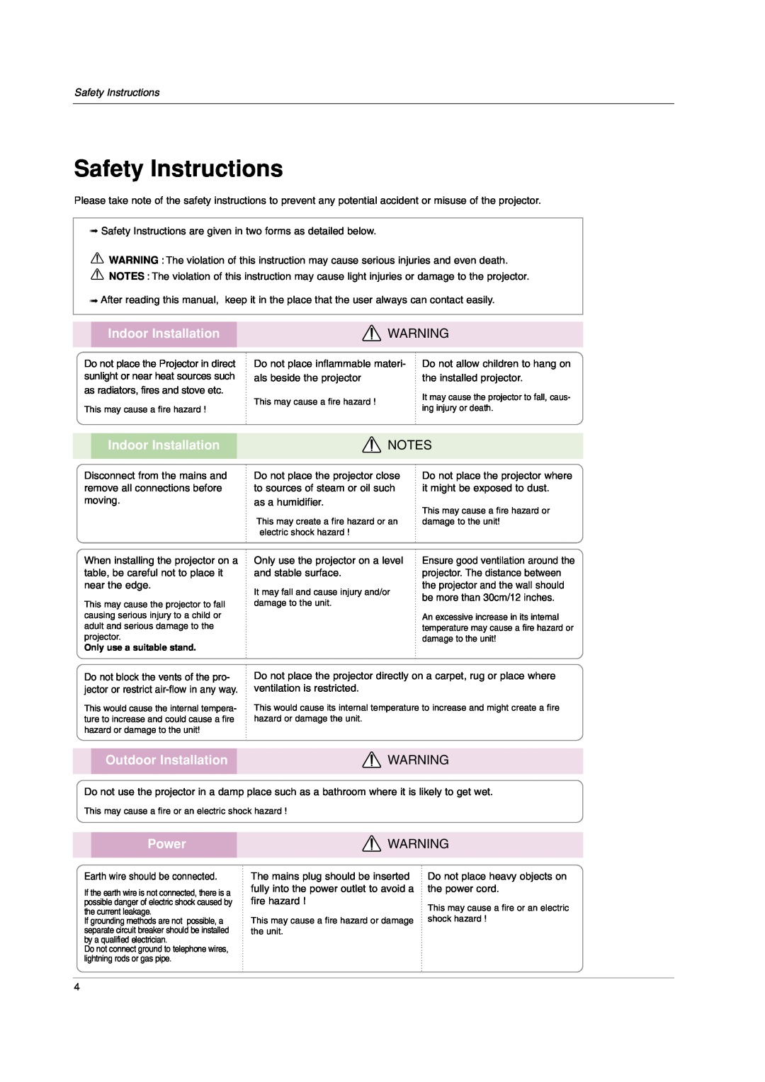 LG Electronics HS102 owner manual Safety Instructions, Indoor Installation, Outdoor Installation, Power 