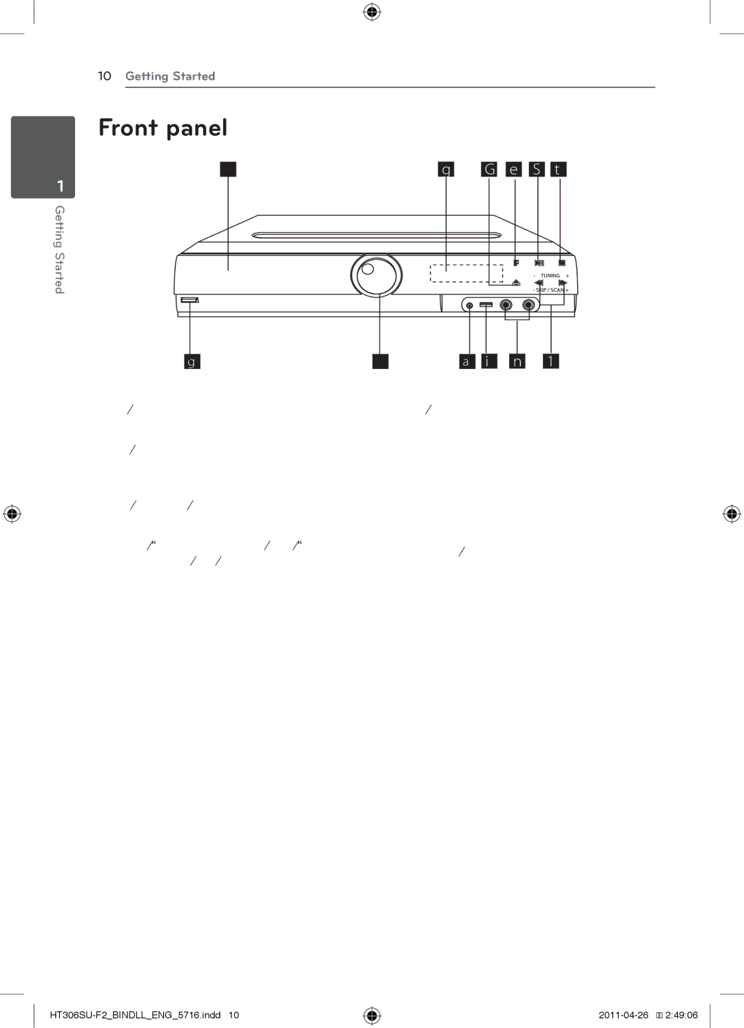 LG Electronics HT306SU owner manual Front panel, Getting Started 