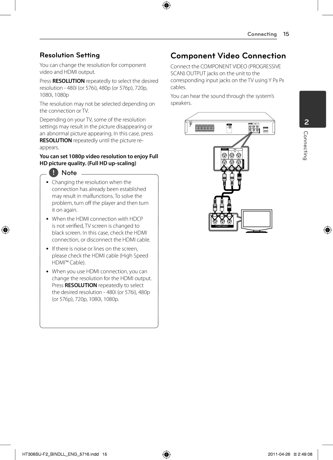 LG Electronics HT306SU owner manual Component Video Connection, Resolution Setting 