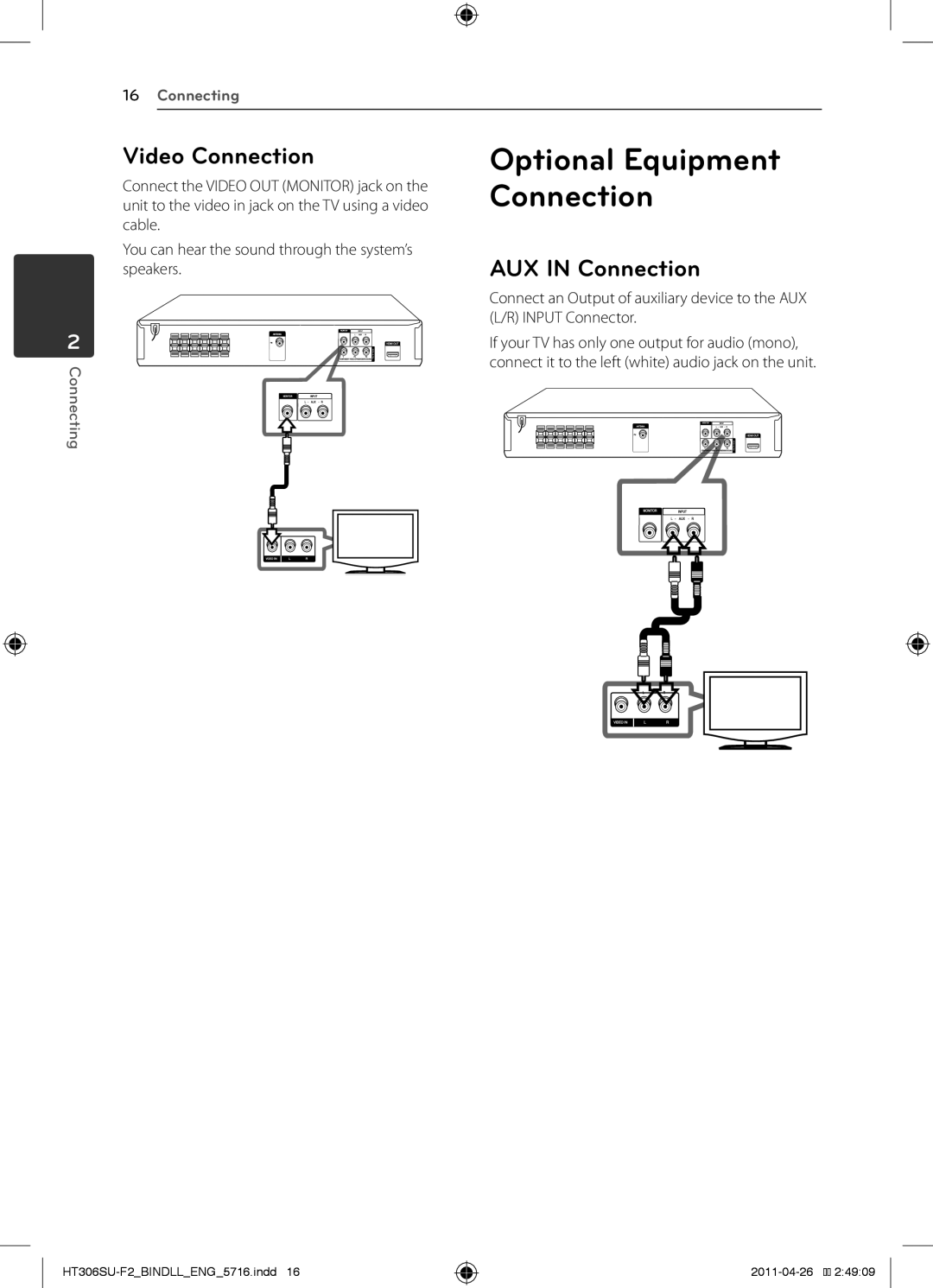 LG Electronics HT306SU owner manual Video Connection, AUX in Connection 