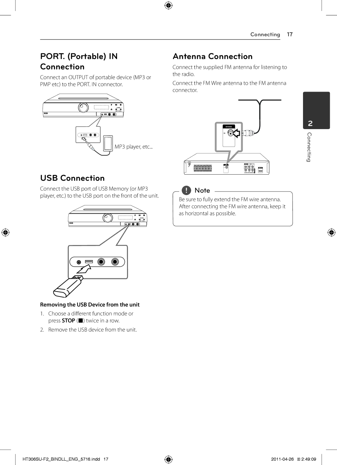 LG Electronics HT306SU PORT. Portable Antenna Connection, USB Connection, Removing the USB Device from the unit 