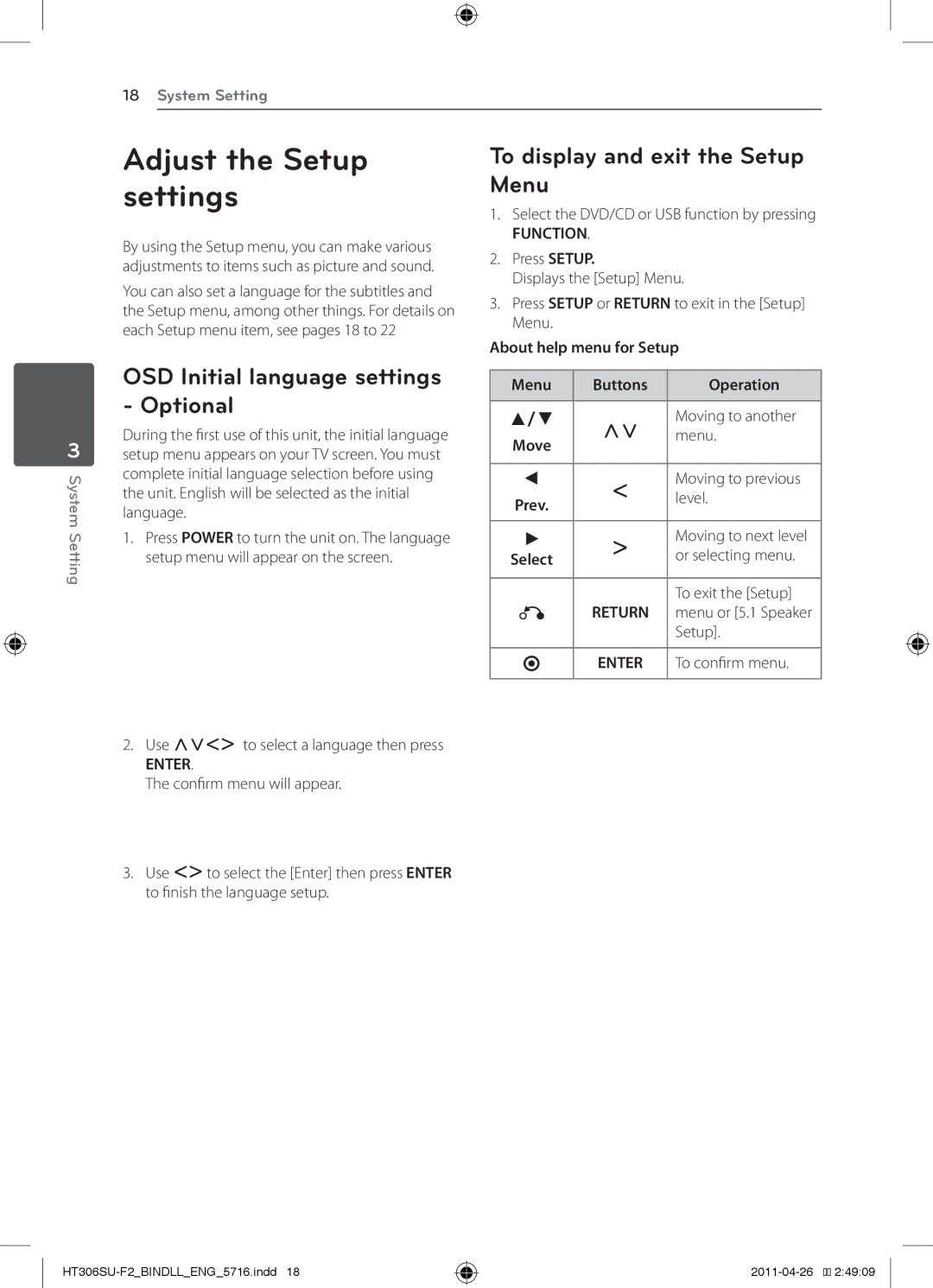 LG Electronics HT306SU owner manual Adjust the Setup settings, OSD Initial language settings Optional 