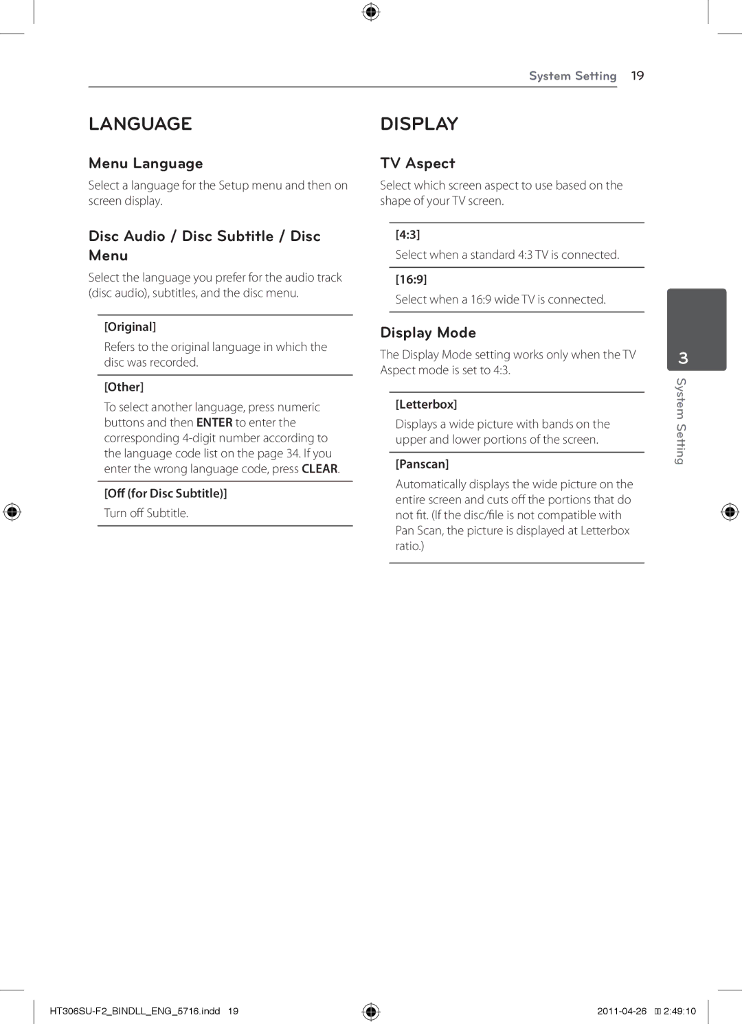 LG Electronics HT306SU owner manual Menu Language, Disc Audio / Disc Subtitle / Disc Menu, TV Aspect, Display Mode 