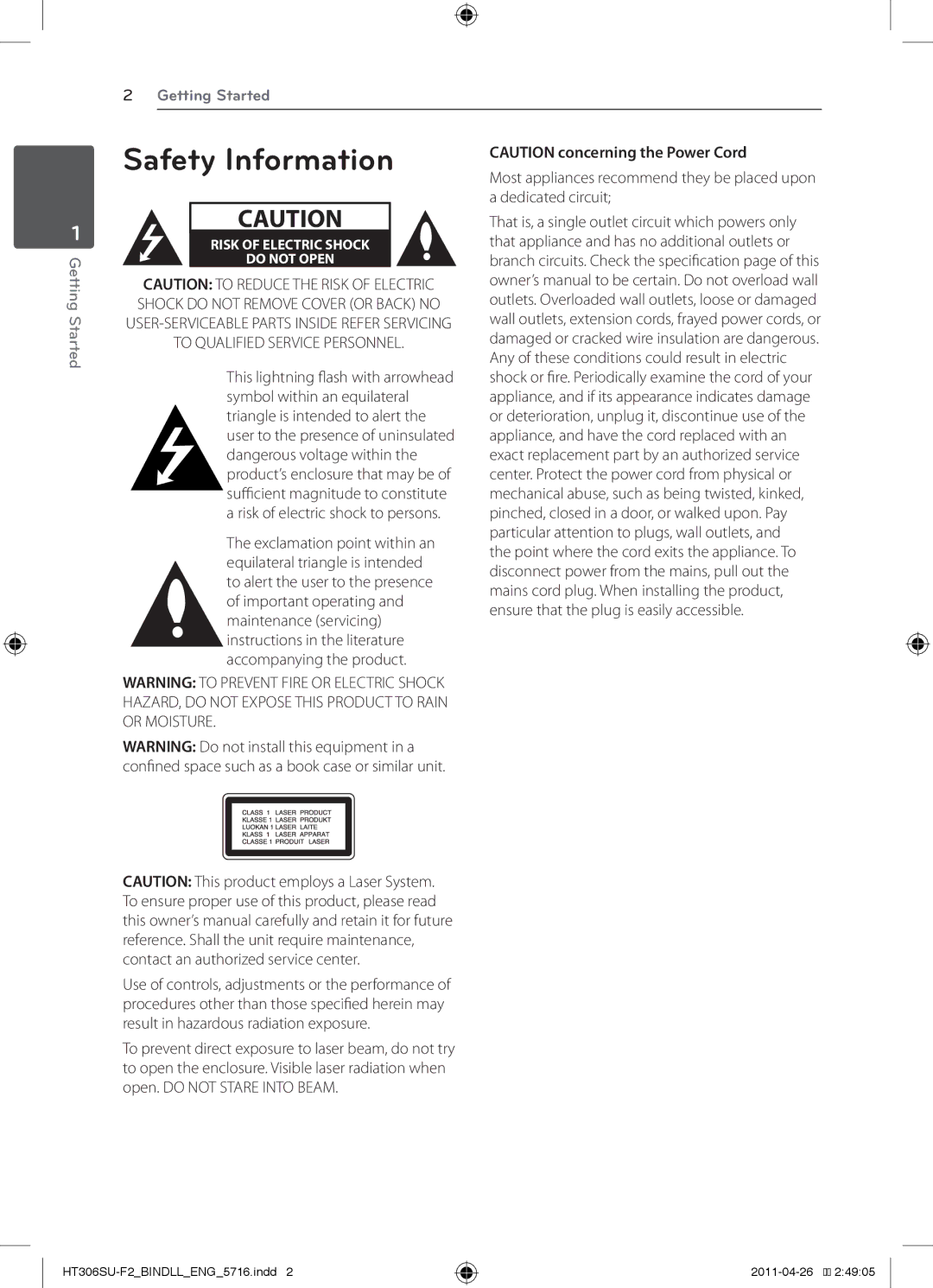 LG Electronics HT306SU owner manual Safety Information, Or Moisture 