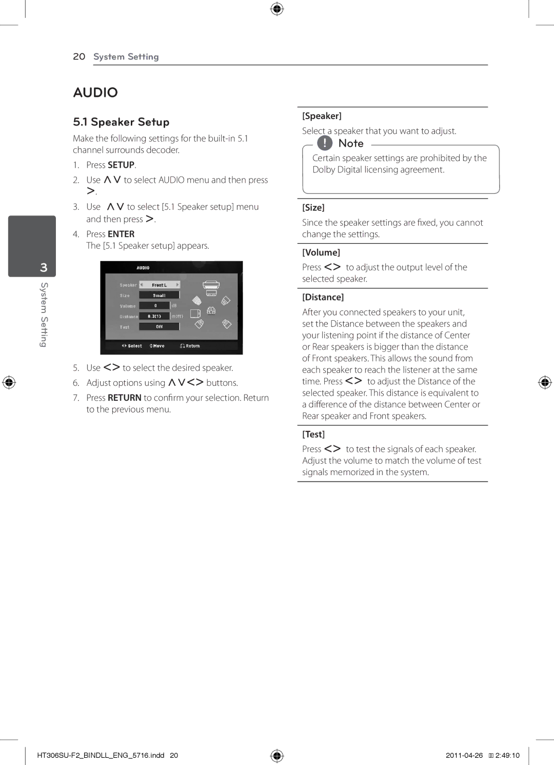 LG Electronics HT306SU owner manual Speaker Setup 