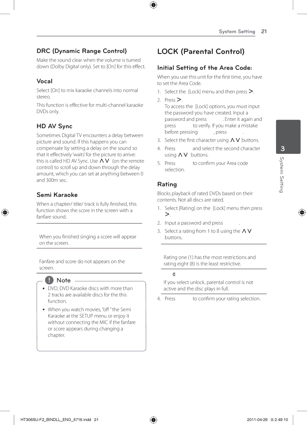 LG Electronics HT306SU owner manual Lock Parental Control 