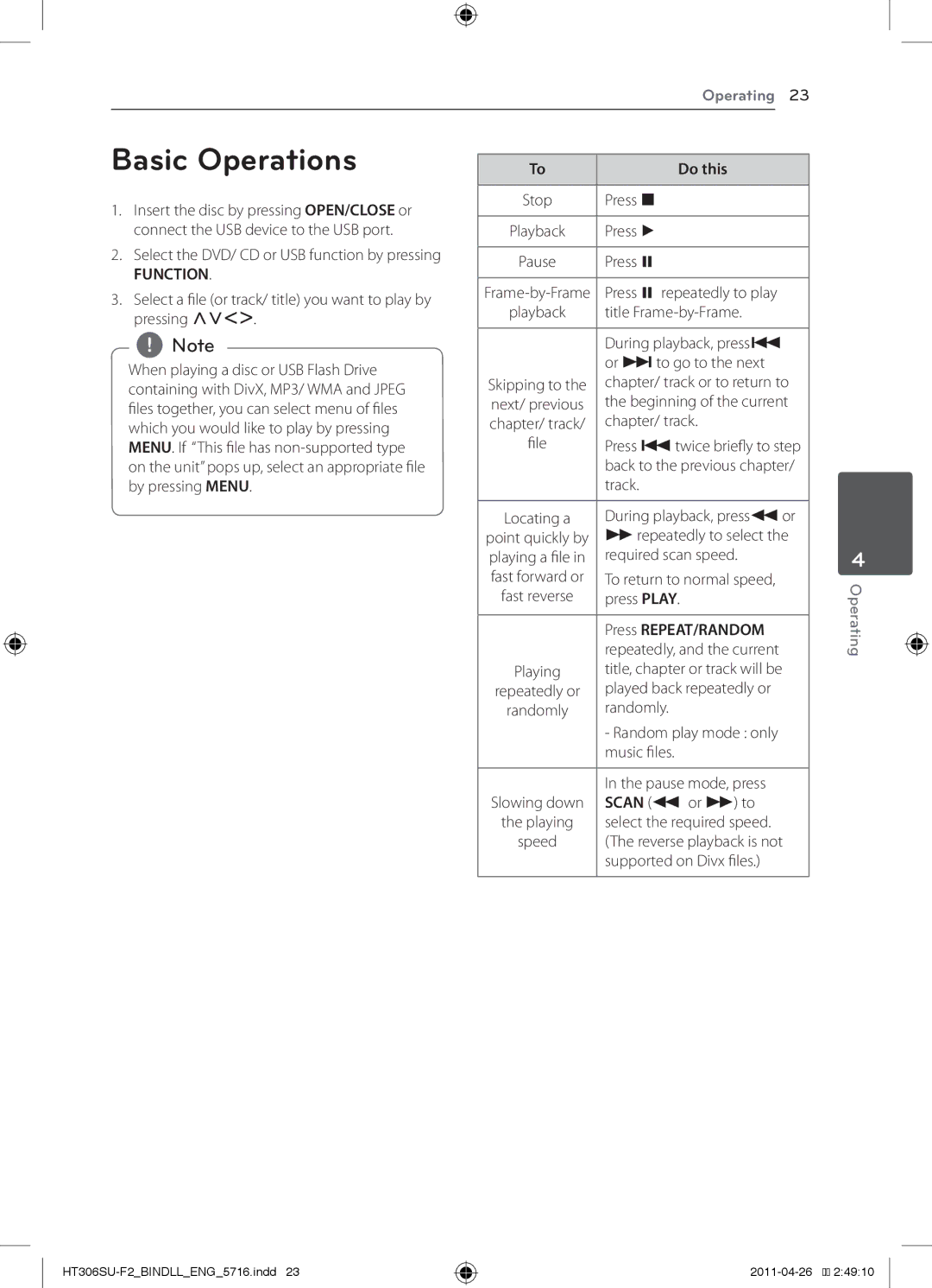 LG Electronics HT306SU owner manual Basic Operations, Do this, Press REPEAT/RANDOM 