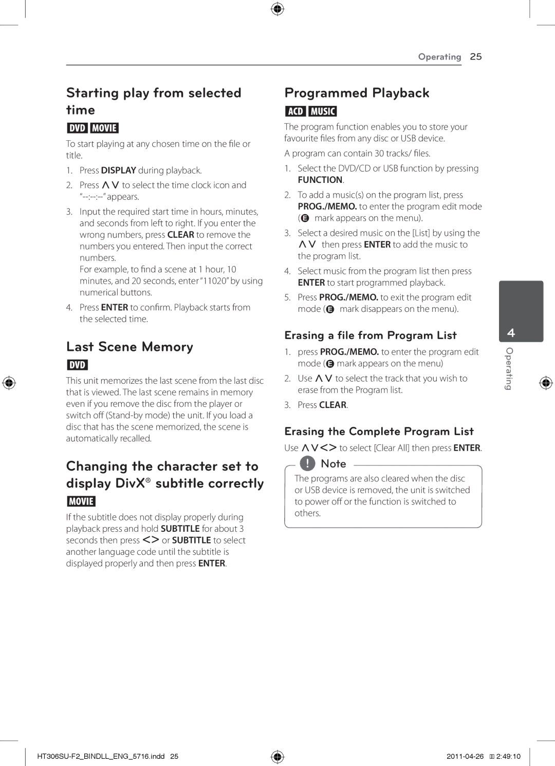 LG Electronics HT306SU owner manual Starting play from selected time, Programmed Playback, Last Scene Memory 