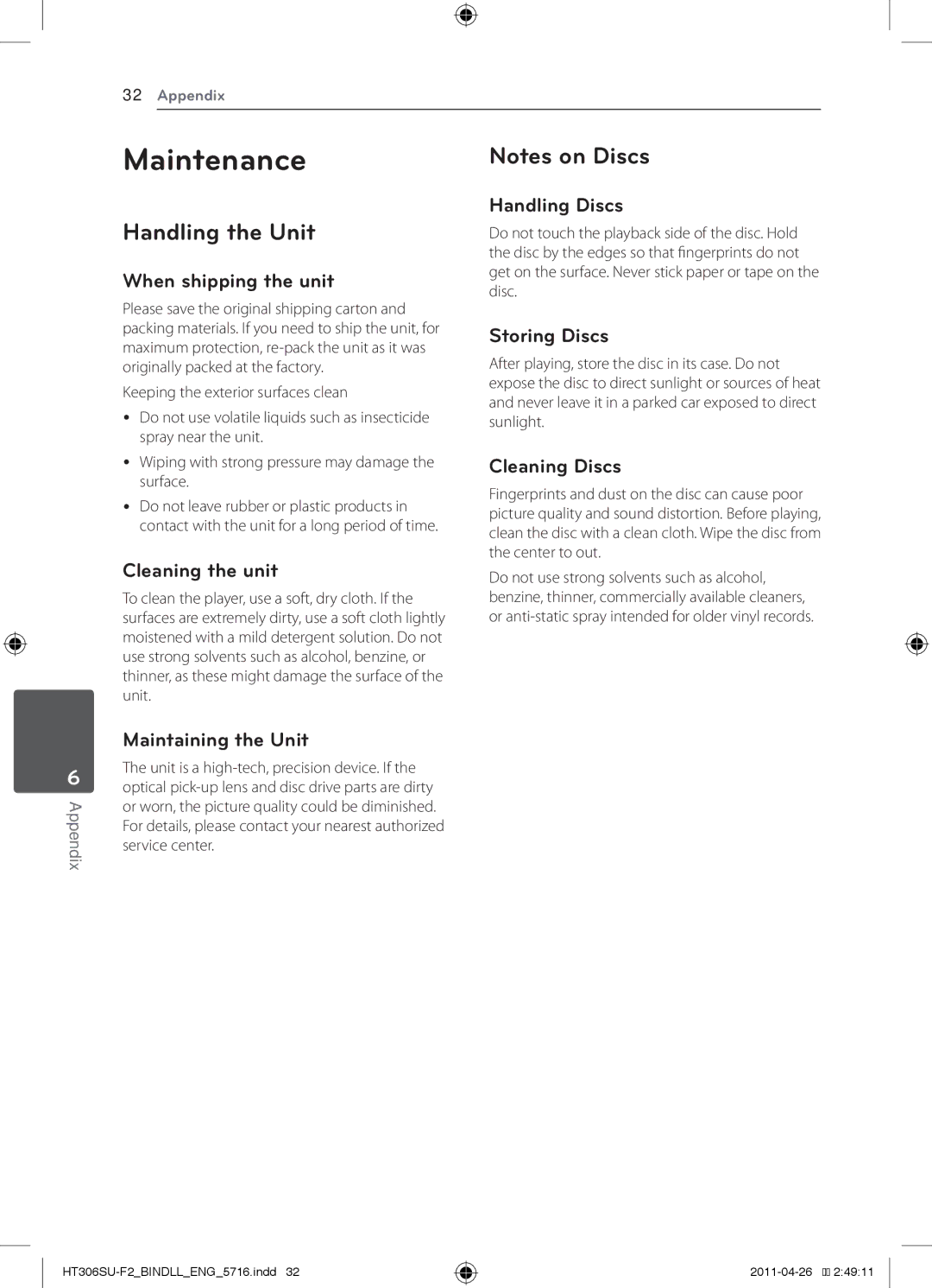 LG Electronics HT306SU owner manual Maintenance, Handling the Unit 