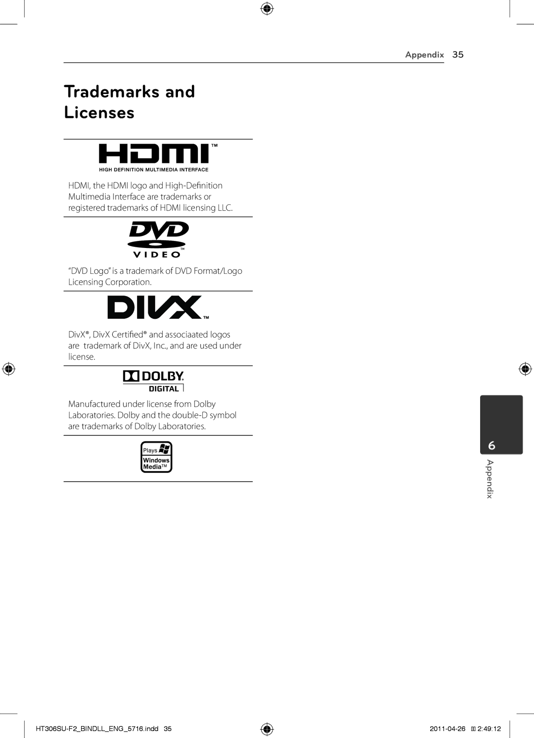 LG Electronics HT306SU owner manual Trademarks Licenses 