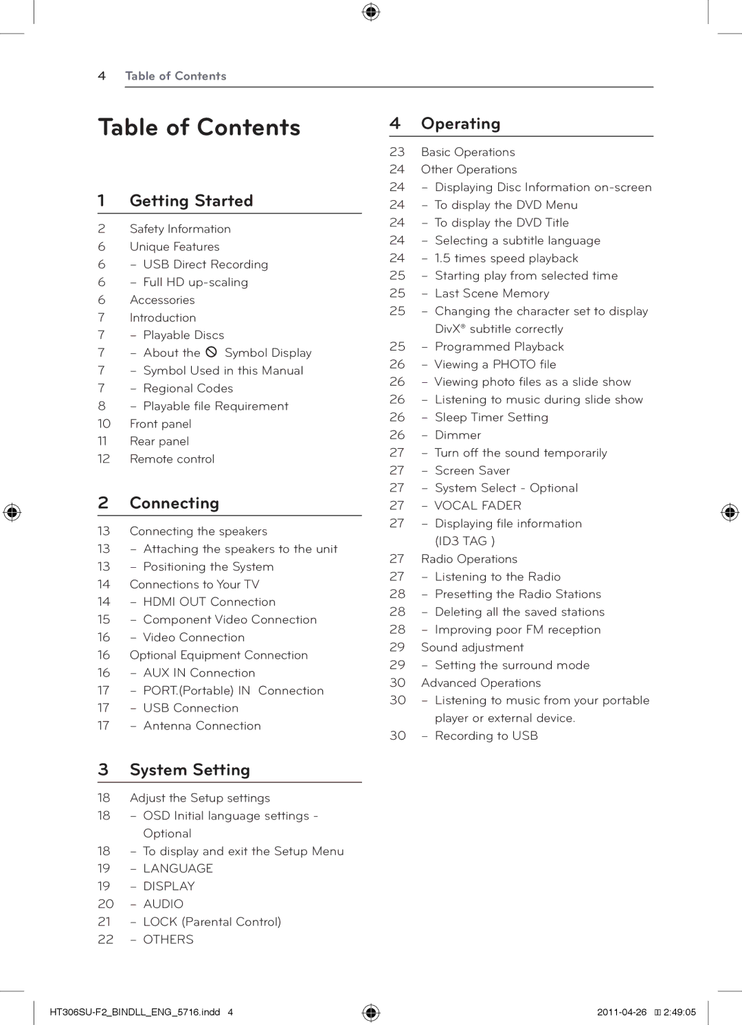 LG Electronics HT306SU owner manual Table of Contents 