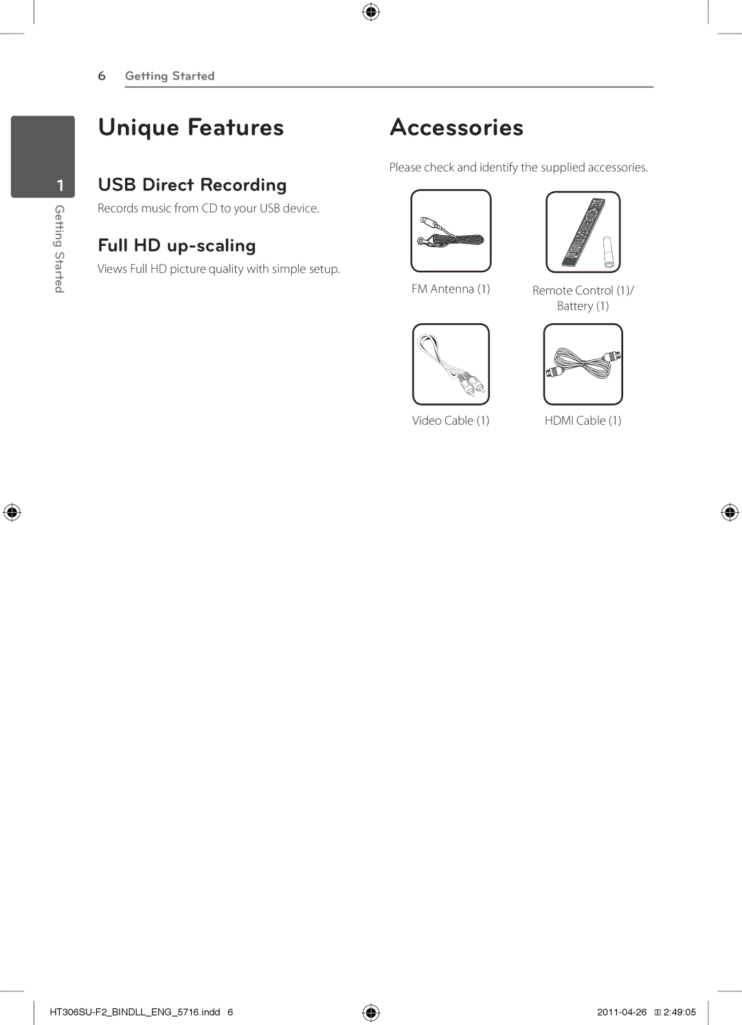 LG Electronics HT306SU owner manual Unique Features Accessories, USB Direct Recording, Full HD up-scaling 