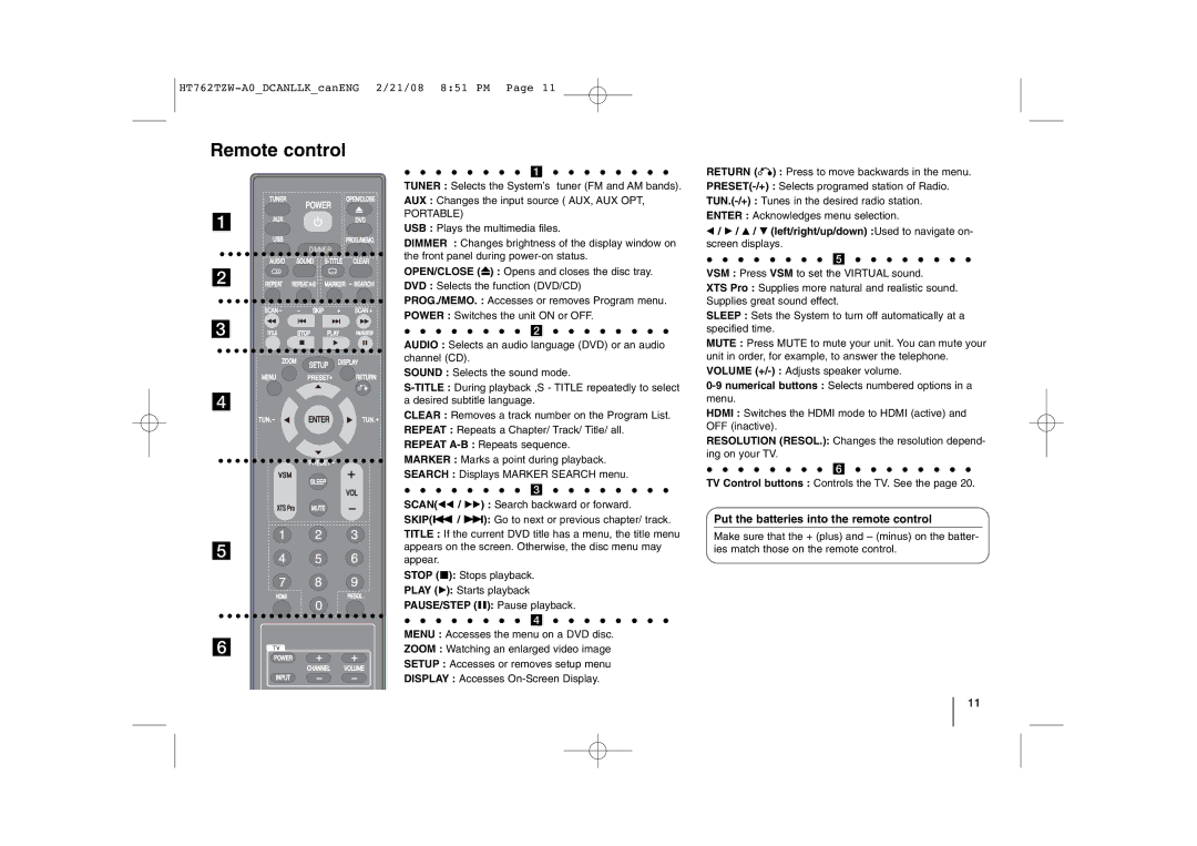 LG Electronics HT762TZW manual Remote control, Put the batteries into the remote control, PAUSE/STEP X Pause playback 