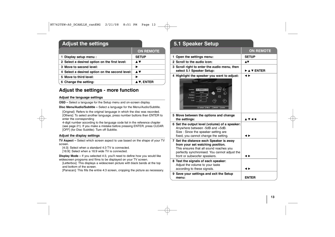 LG Electronics HT762TZW manual Speaker Setup, Adjust the settings more function, Enter 