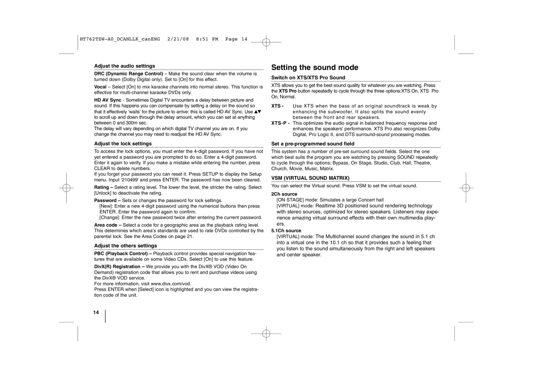 LG Electronics HT762TZW manual Setting the sound mode, VSM Virtual Sound Matrix 