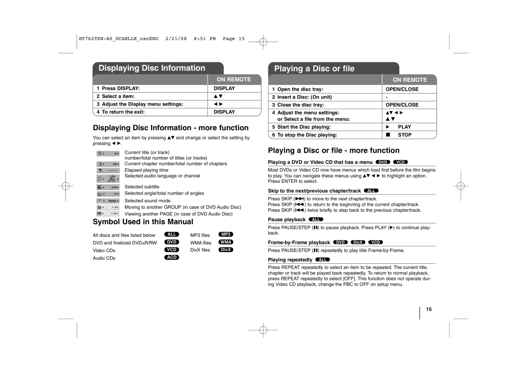 LG Electronics HT762TZW Playing a Disc or file, Displaying Disc Information more function, Symbol Used in this Manual 