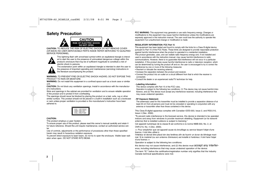 LG Electronics HT762TZW manual Safety Precaution, Risk of Electric Shock Do not Open 