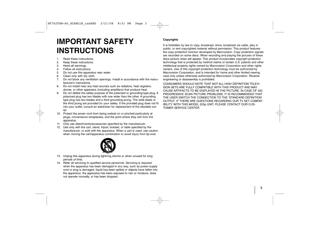 LG Electronics HT762TZW manual Important Safety Instructions, Copyrights 