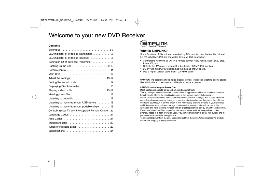 LG Electronics HT762TZW manual Welcome to your new DVD Receiver, Contents 