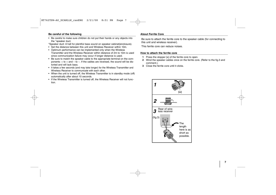 LG Electronics HT762TZW manual Be careful of the following, About Ferrite Core, How to attach the ferrite core 