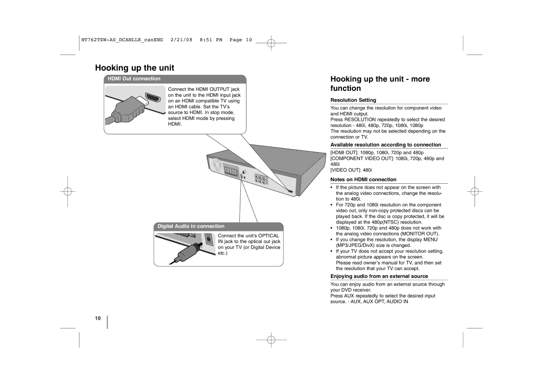 LG Electronics HT762TZW manual Hooking up the unit more function, Hdmi Out connection, Digital Audio in connection 