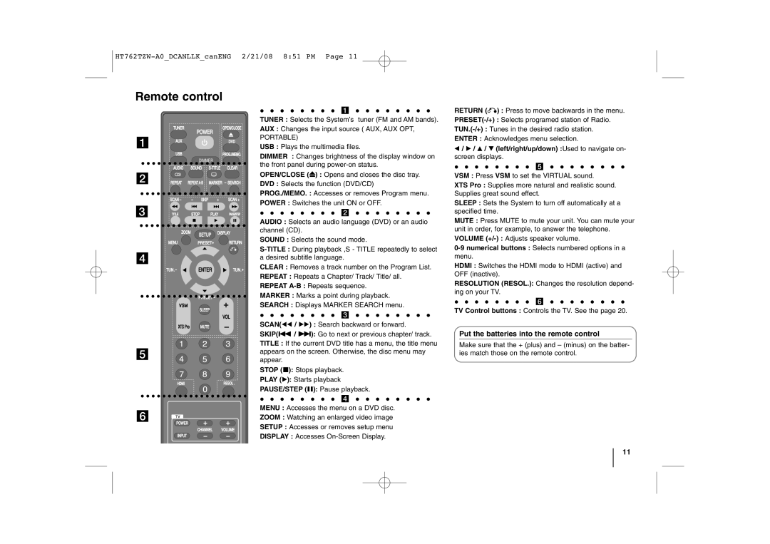 LG Electronics HT762TZW manual Remote control, Put the batteries into the remote control, PAUSE/STEP X Pause playback 