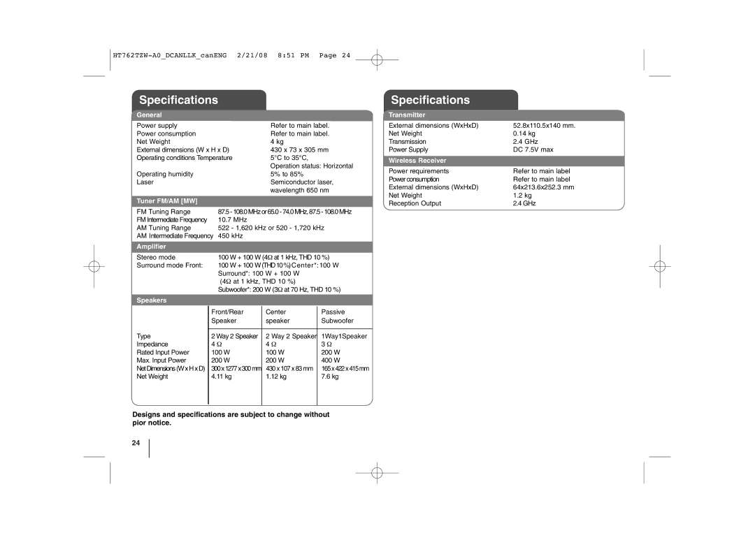 LG Electronics HT762TZW manual Specifications, General 