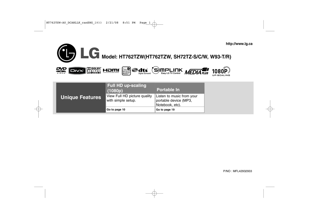 LG Electronics manual HT762TZW-A0DCANLLKcanENG2933 2/21/08 851 PM Page, P/NO MFL42932933, Go to page, Unique Features 
